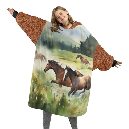 Adult Horses Leathersleeve Blanket Hoodie