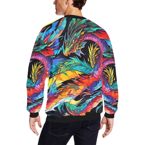 Cool colorful abstract dragons. Black background. Men's Oversized Fleece Crew Sweatshirt (Model H18)