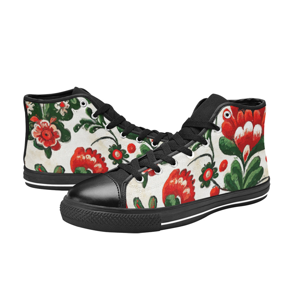 folklore motifs red flowers shoes Women's Classic High Top Canvas Shoes (Model 017)