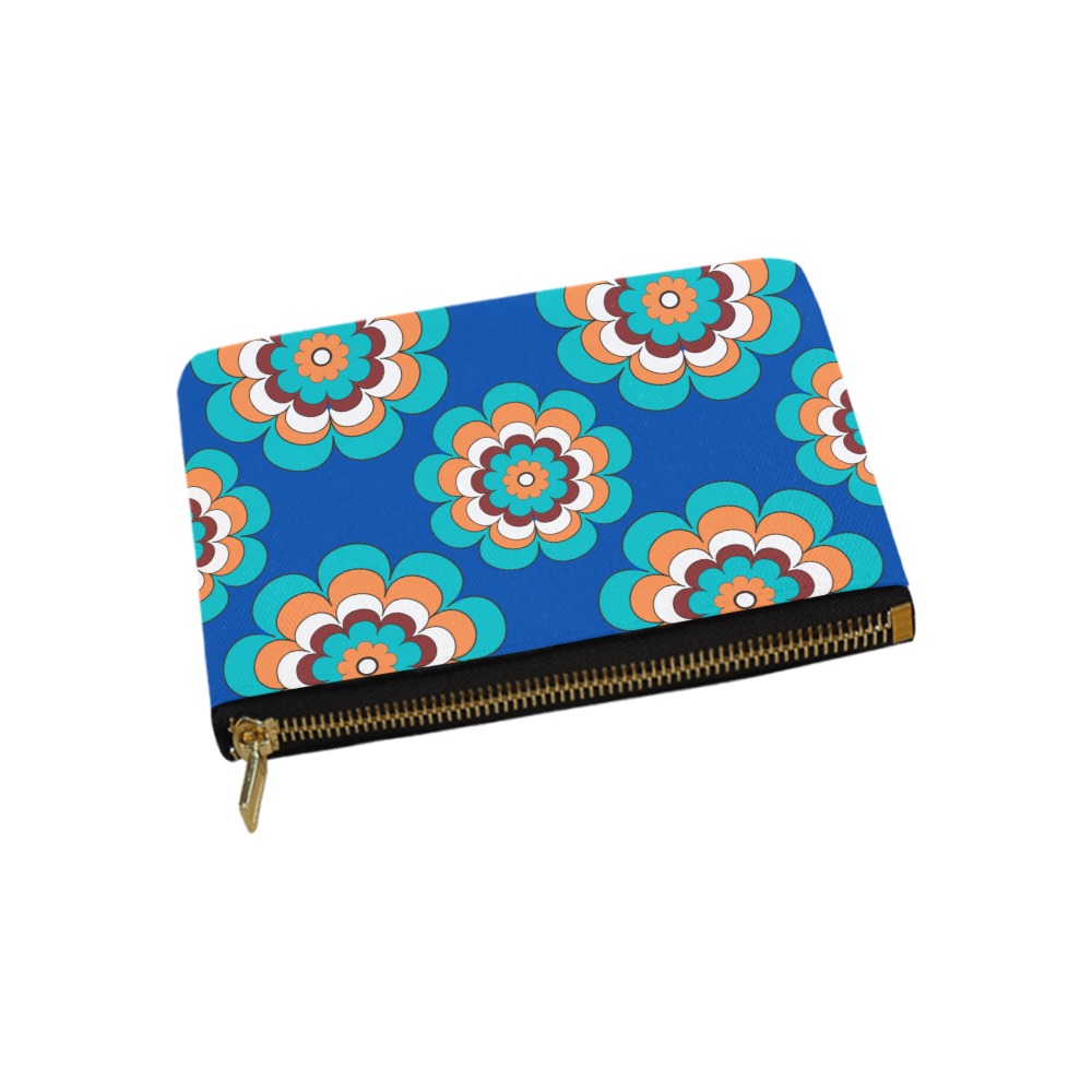 Turquoise Flowers on Blue Carry-All Pouch 9.5''x6''