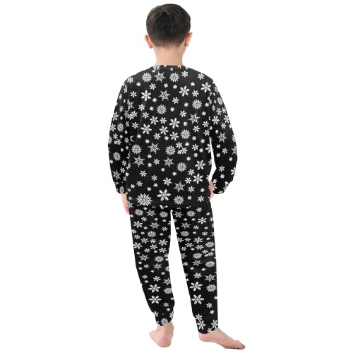 Christmas White Snowflakes on Black Little Boys' Crew Neck Long Pajama Set