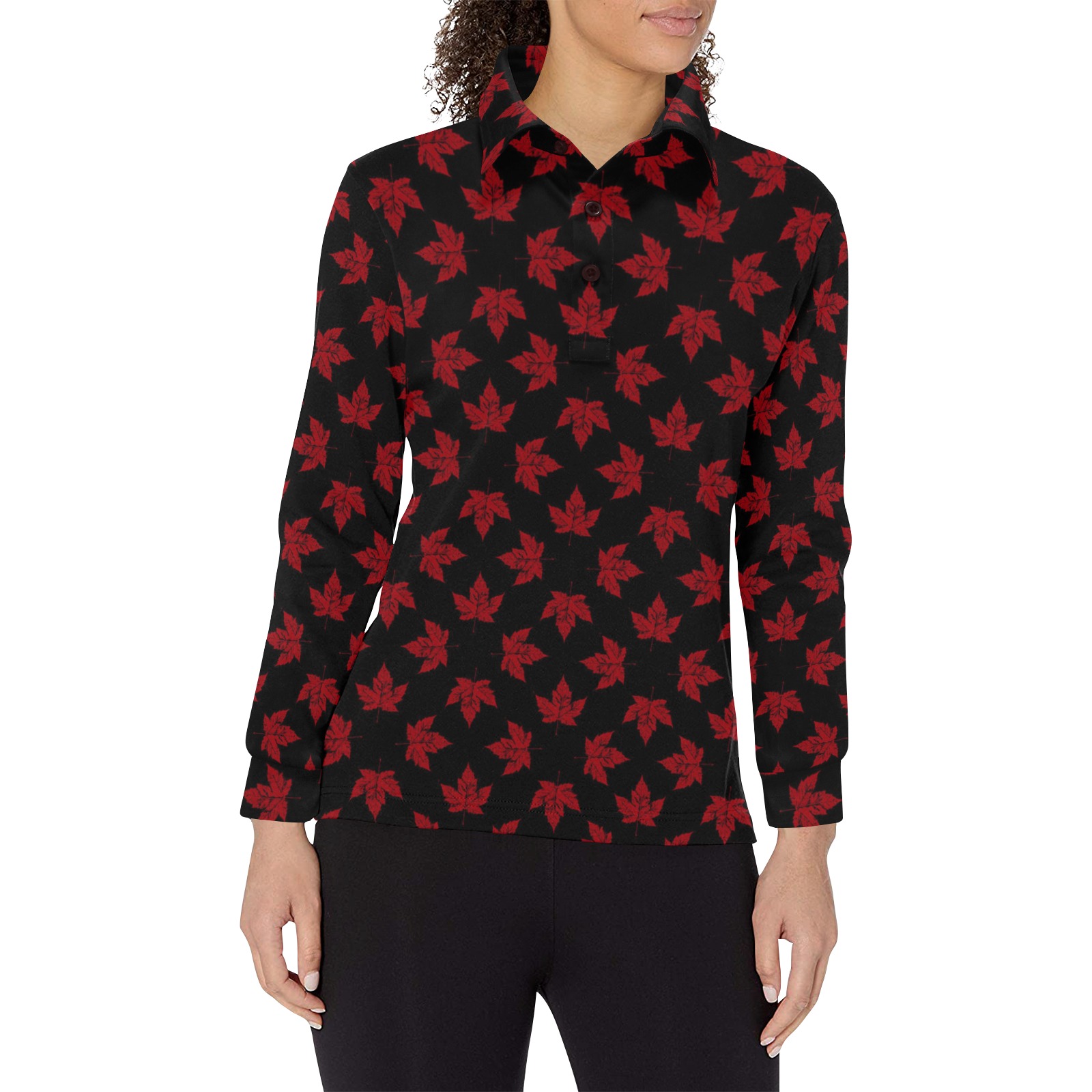Retro Canada Maple Leaf Golf Shirts Women's Long Sleeve Polo Shirt (Model T73)