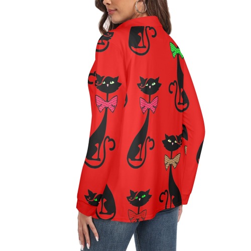 Black Cat with Bow Ties / Red Women's Long Sleeve Polo Shirt (Model T73)