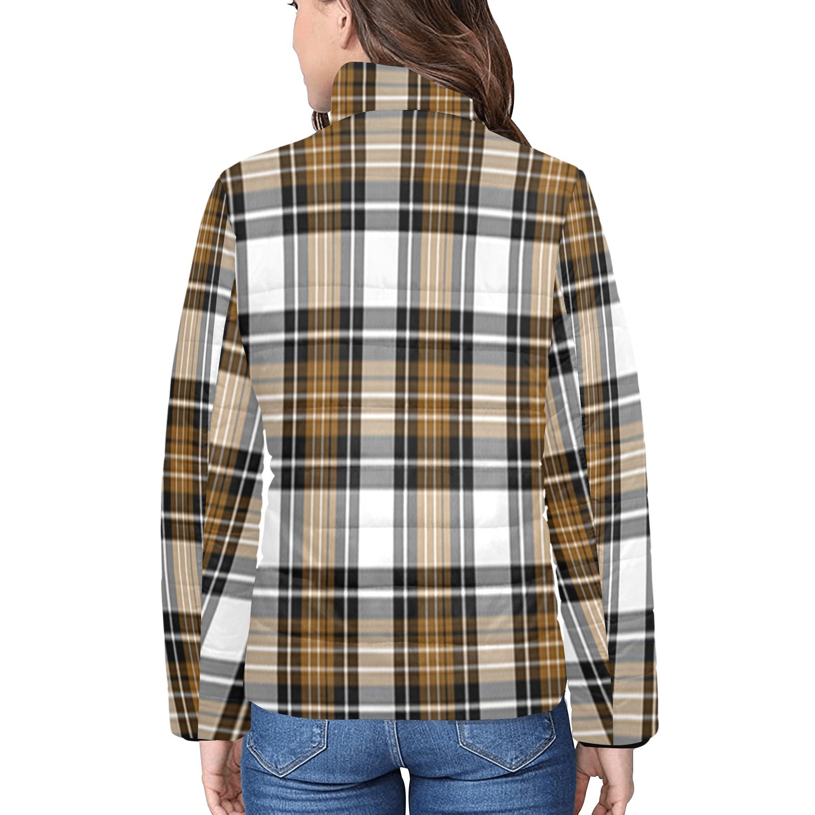 Brown Black Plaid Women's Stand Collar Padded Jacket (Model H41)
