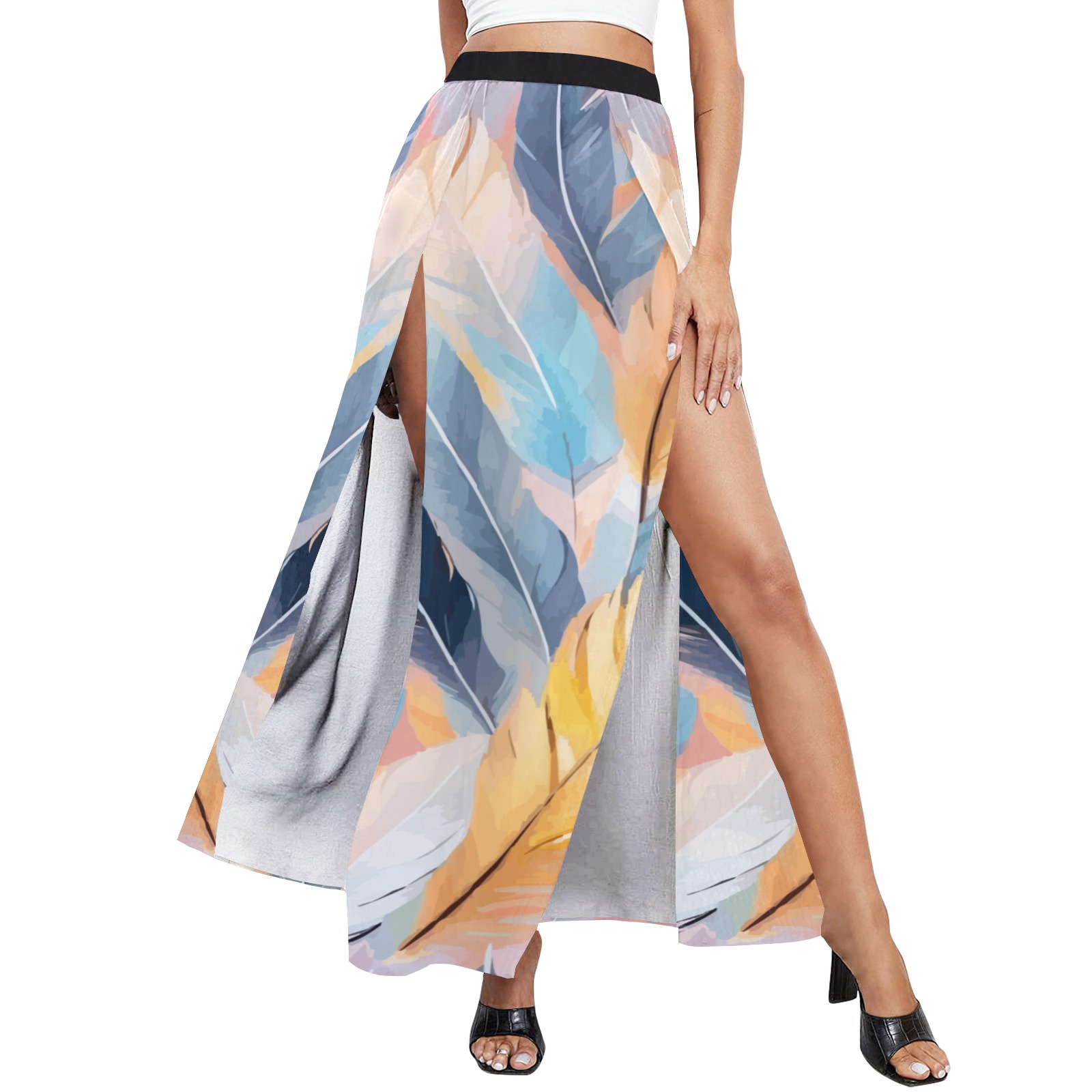 Nice mix of elegant feathers of pastel colors. High Slit Long Beach Dress (Model S40)