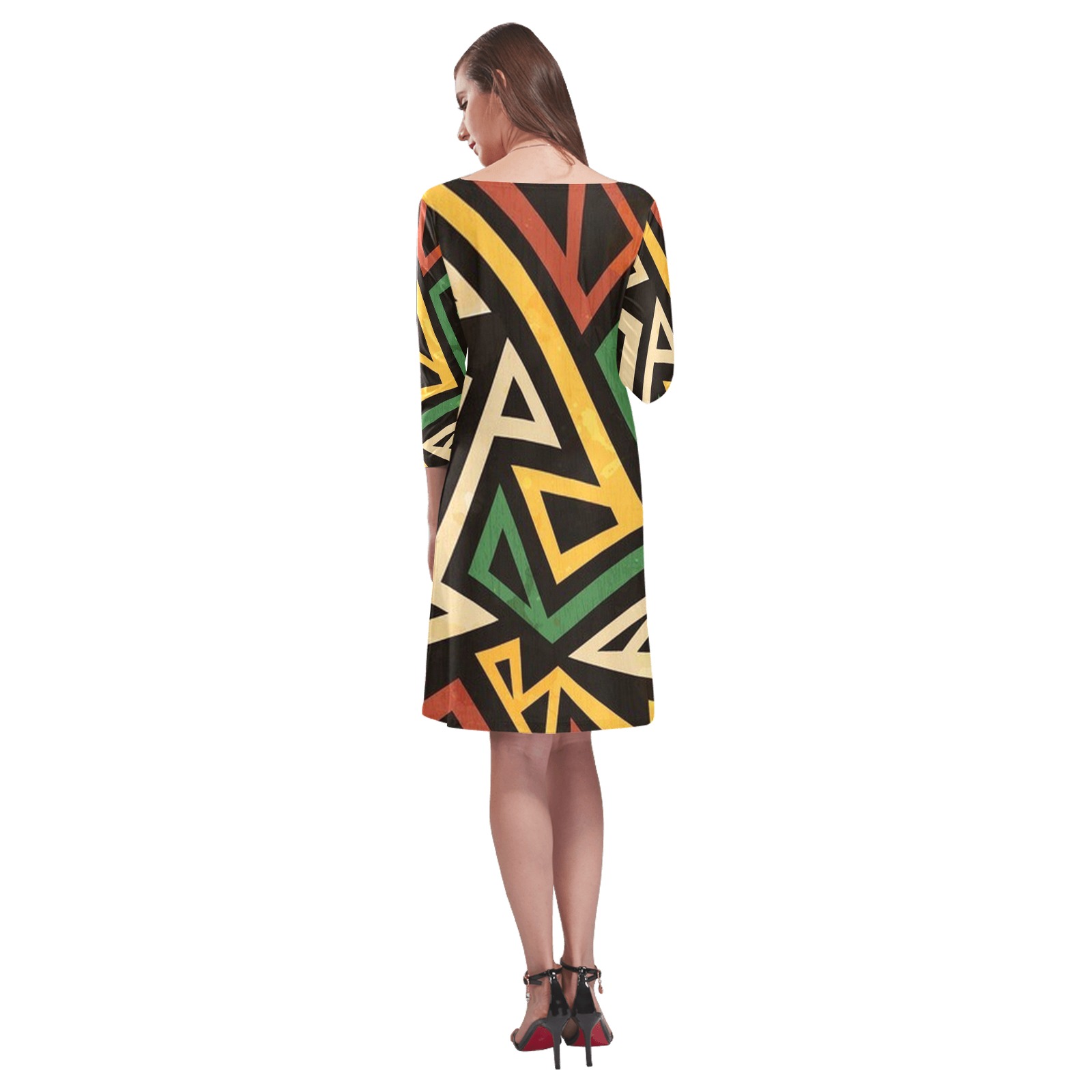VINTAGE ABSTRACT - GEOMETRIC Rhea Loose Round Neck Dress(Model D22)