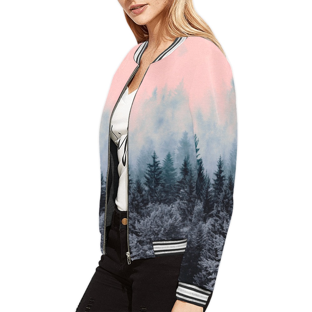 Forest in gray and pink All Over Print Bomber Jacket for Women (Model H21)