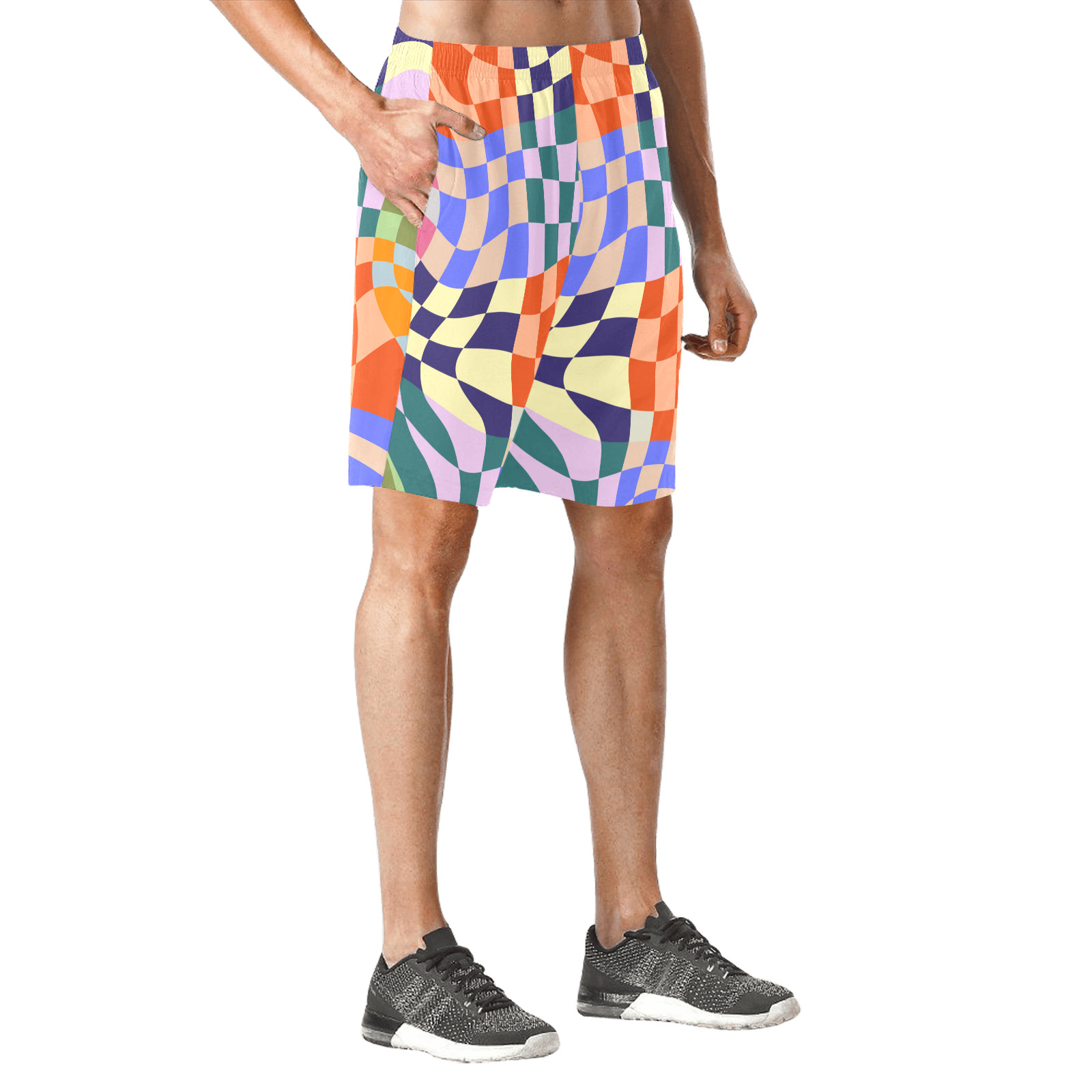 Wavy Groovy Geometric Checkered Retro Abstract Mosaic Pixels Men's All Over Print Elastic Beach Shorts (Model L20)