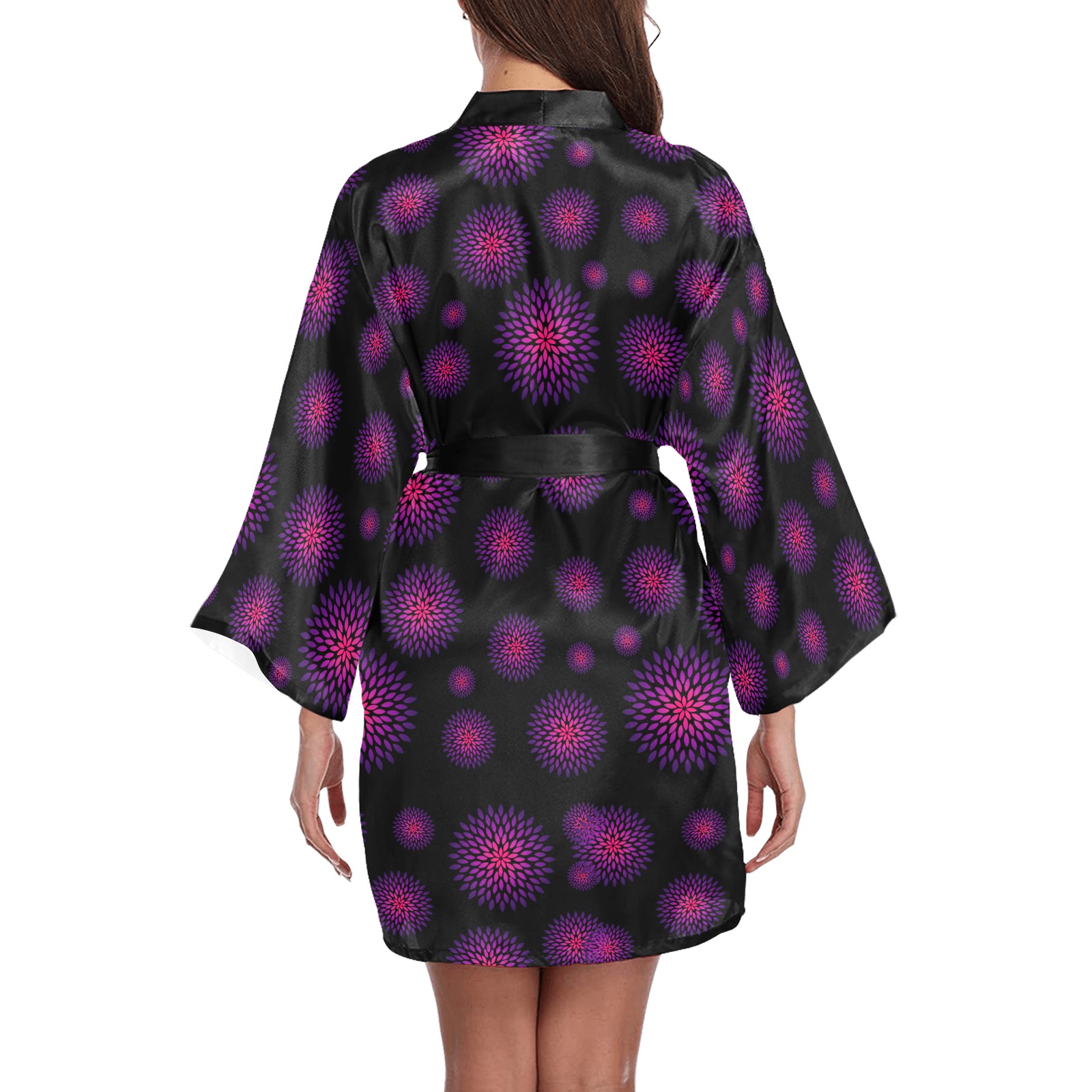Ô Pink and Violet Zinnia Scatter on Black Long Sleeve Kimono Robe
