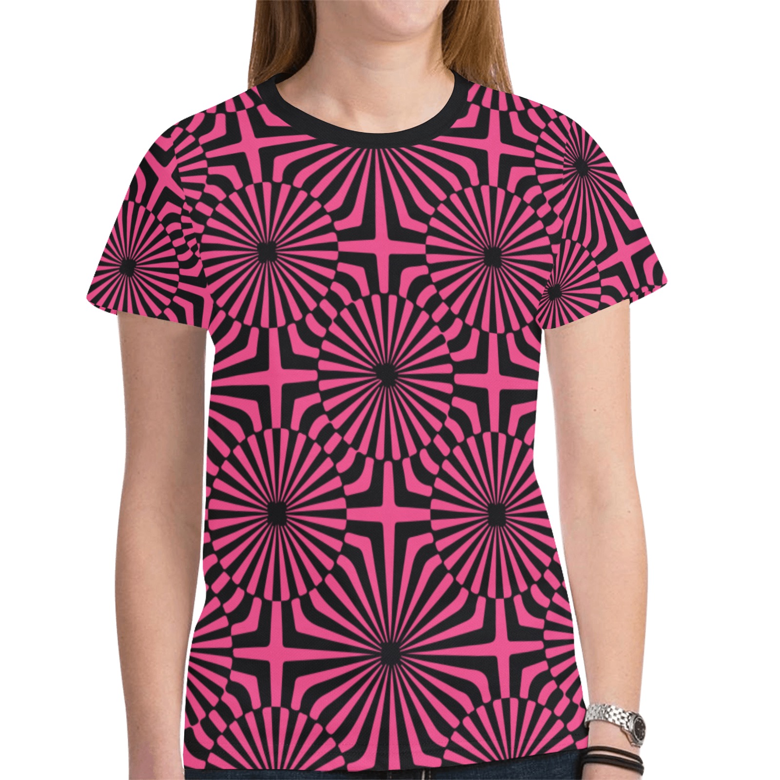 Ô Op-Art Dalias on Pink New All Over Print T-shirt for Women (Model T45)