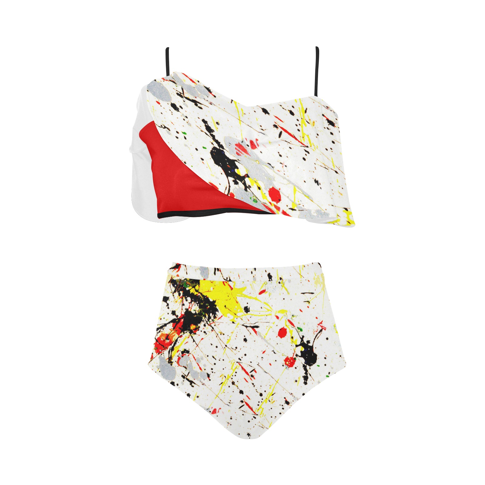 Yellow & Black Paint Splatter - Red High Waisted Ruffle Bikini Set (Model S13)