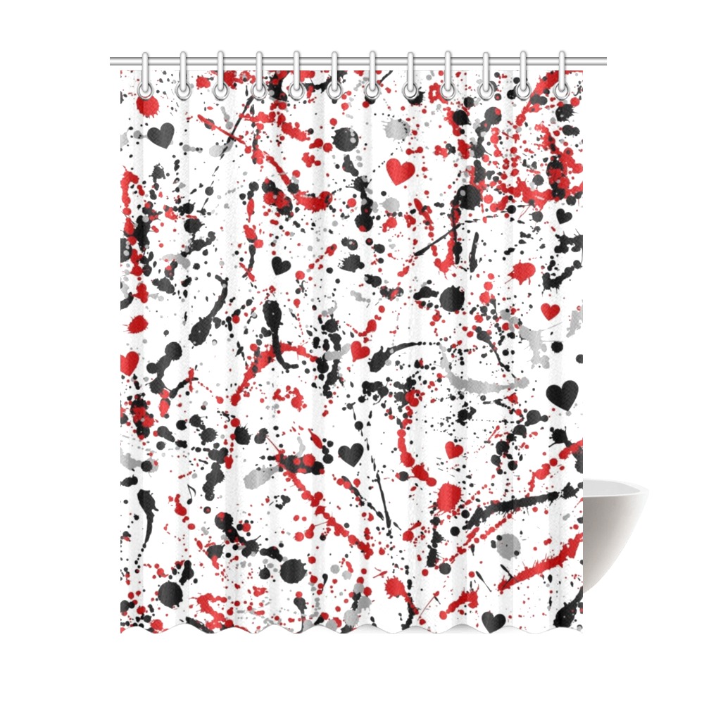 Artistic Hearts Paint Splatter Red black & Grey Shower Curtain 69 x 84". Shower Curtain 69"x84"