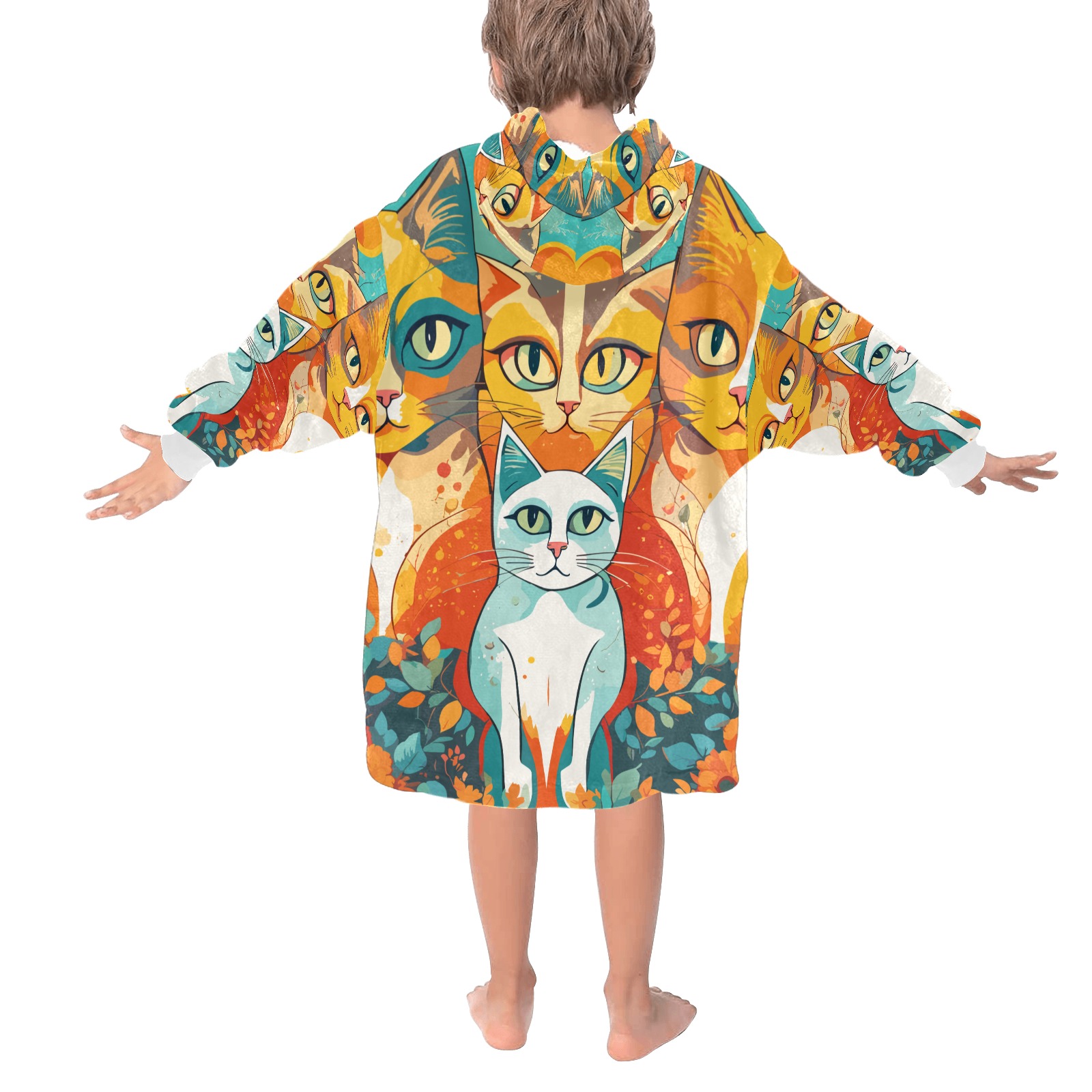 Adorable cute cat animals, flowers, and plants. Blanket Hoodie for Kids