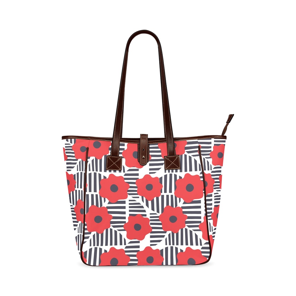 Red Floral on Black Abstract Lines Classic Tote Bag (Model 1644)