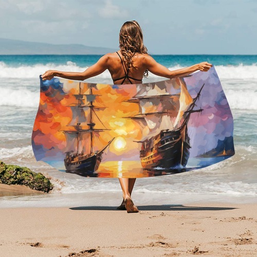 Two tall ships at sunset by the fantasy island. Beach Towel 32"x 71"
