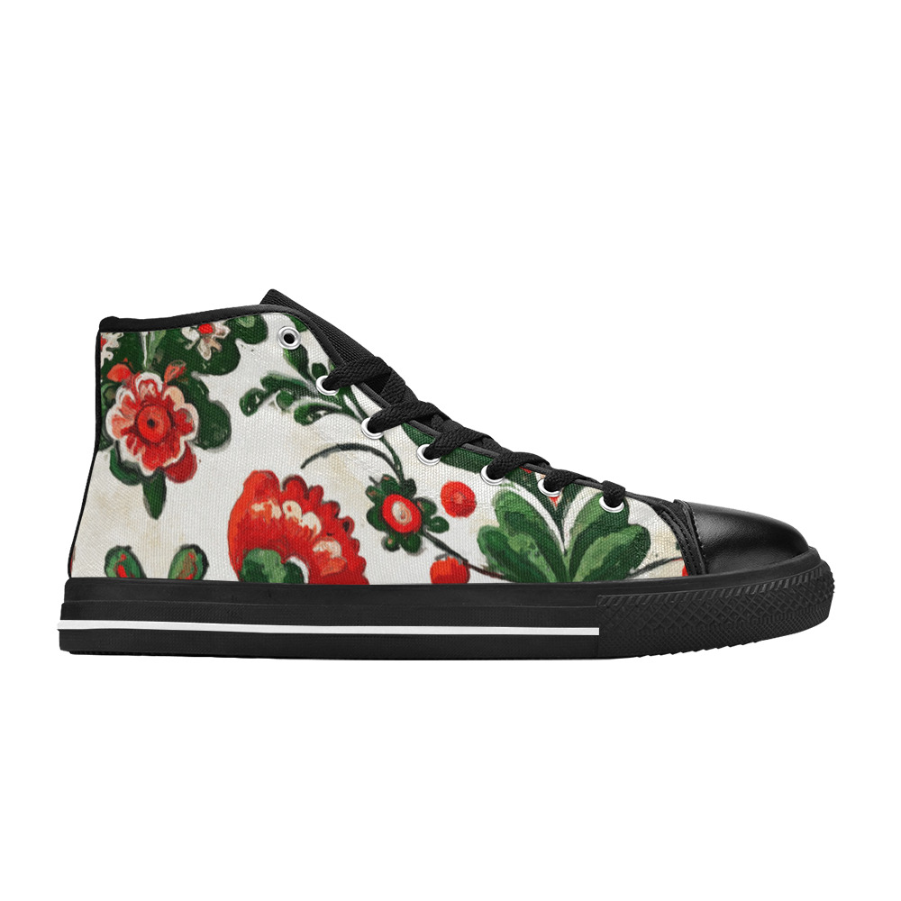 folklore motifs red flowers shoes Women's Classic High Top Canvas Shoes (Model 017)