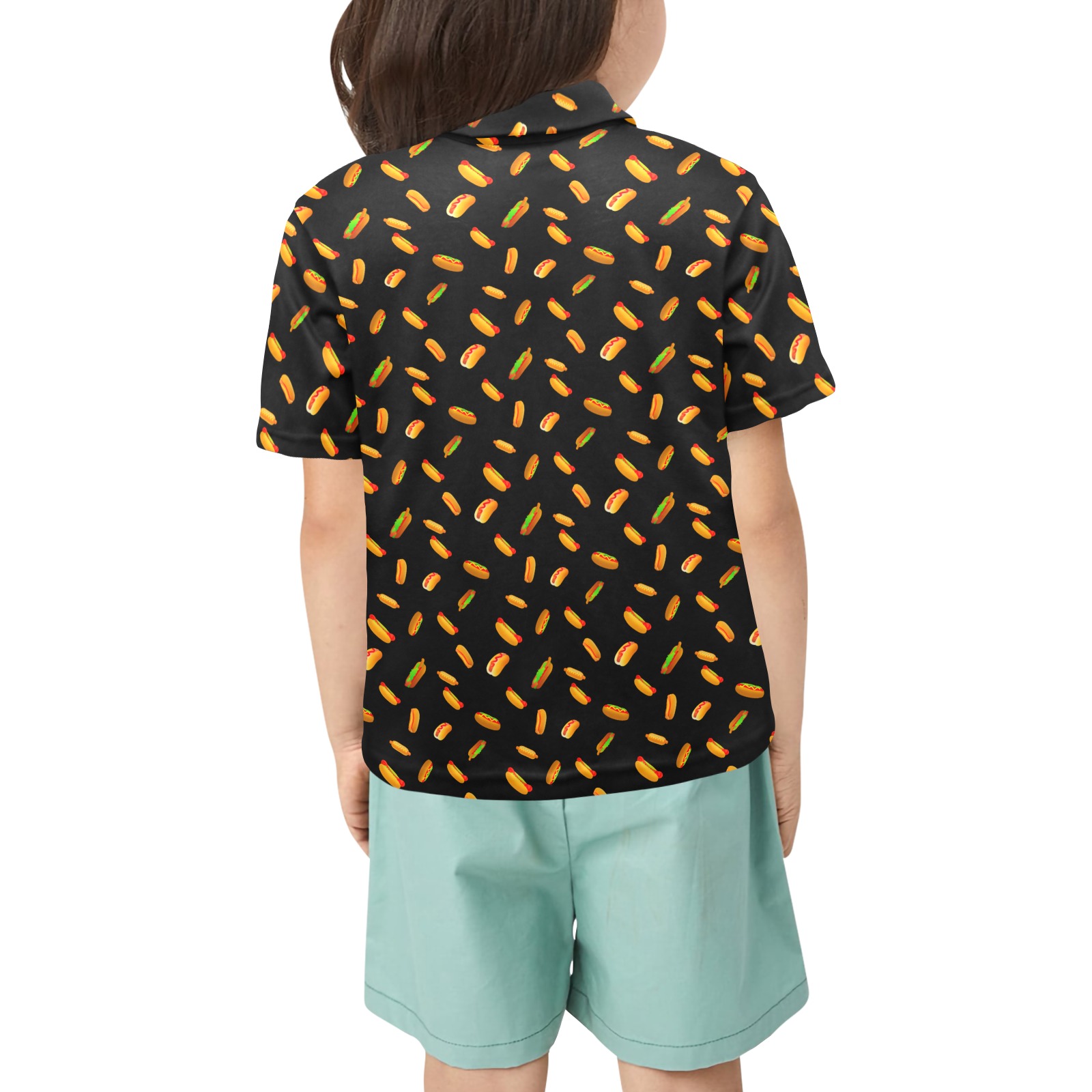 Hot Dog Pattern on Black Little Girls' All Over Print Polo Shirt (Model T55)