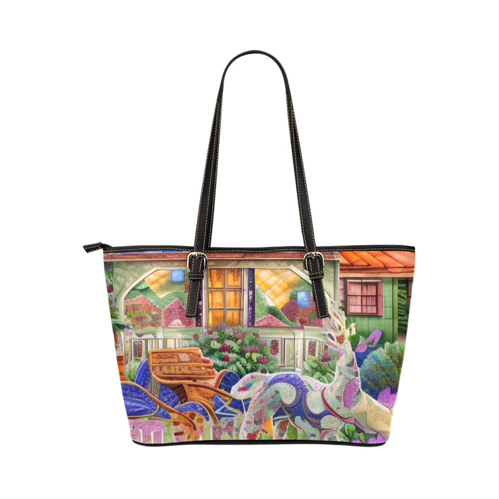 Boho Aesthetic Simulated Quilt Artwork Leather Tote Bag/Large (Model 1651)