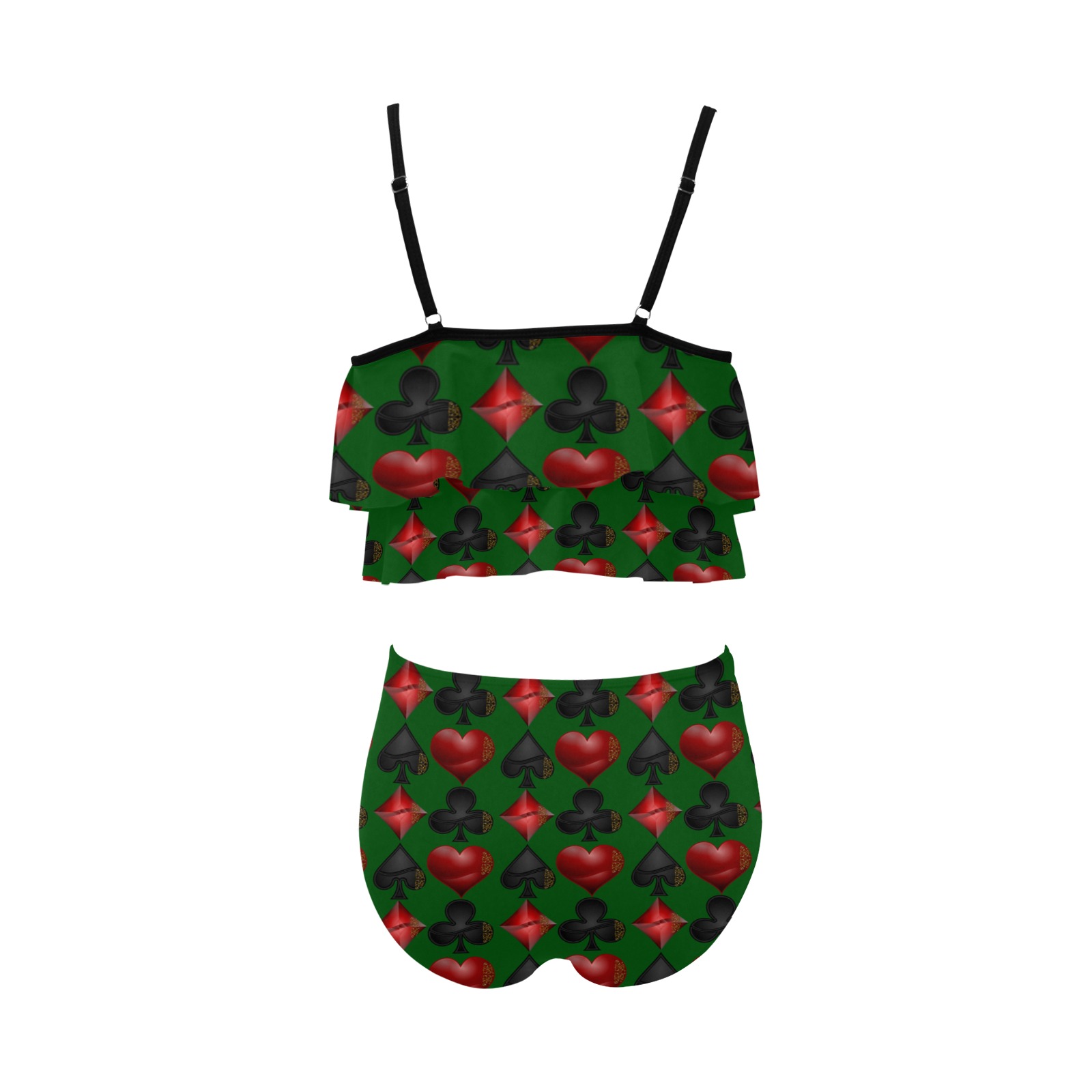 Las Vegas Black and Red Card Shapes Green High Waisted Double Ruffle Bikini Set (Model S34)