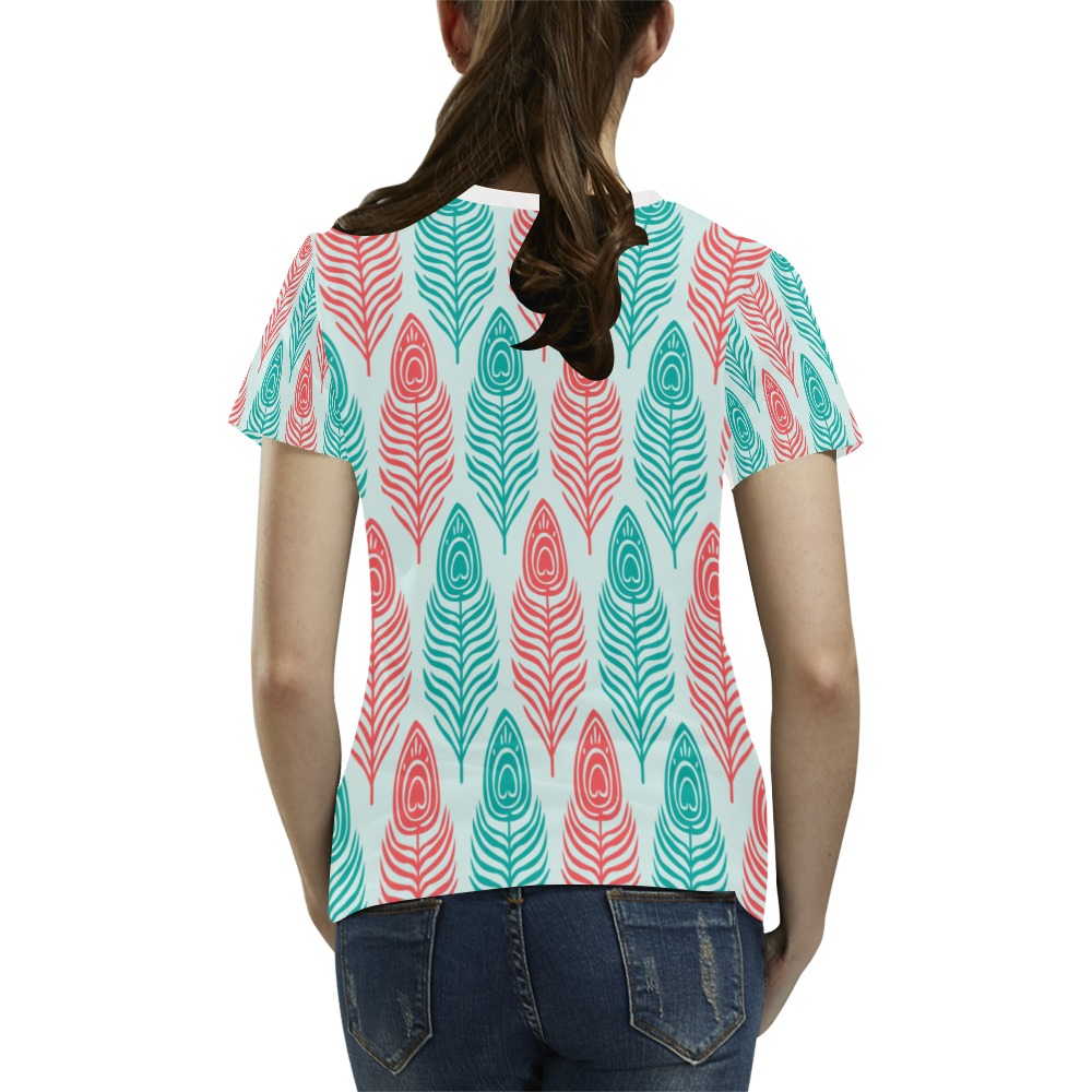 Blue and pink feathers pattern All Over Print T-Shirt for Women (USA Size) (Model T40)