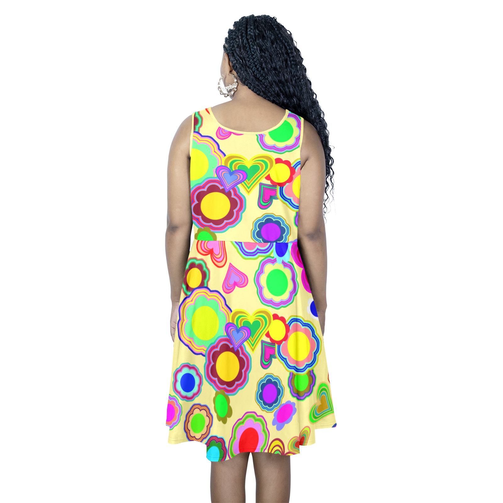 Groovy Hearts and Flowers Yellow Sleeveless Expansion Dress (Model D60)