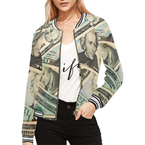 US PAPER CURRENCY All Over Print Bomber Jacket for Women (Model H21)