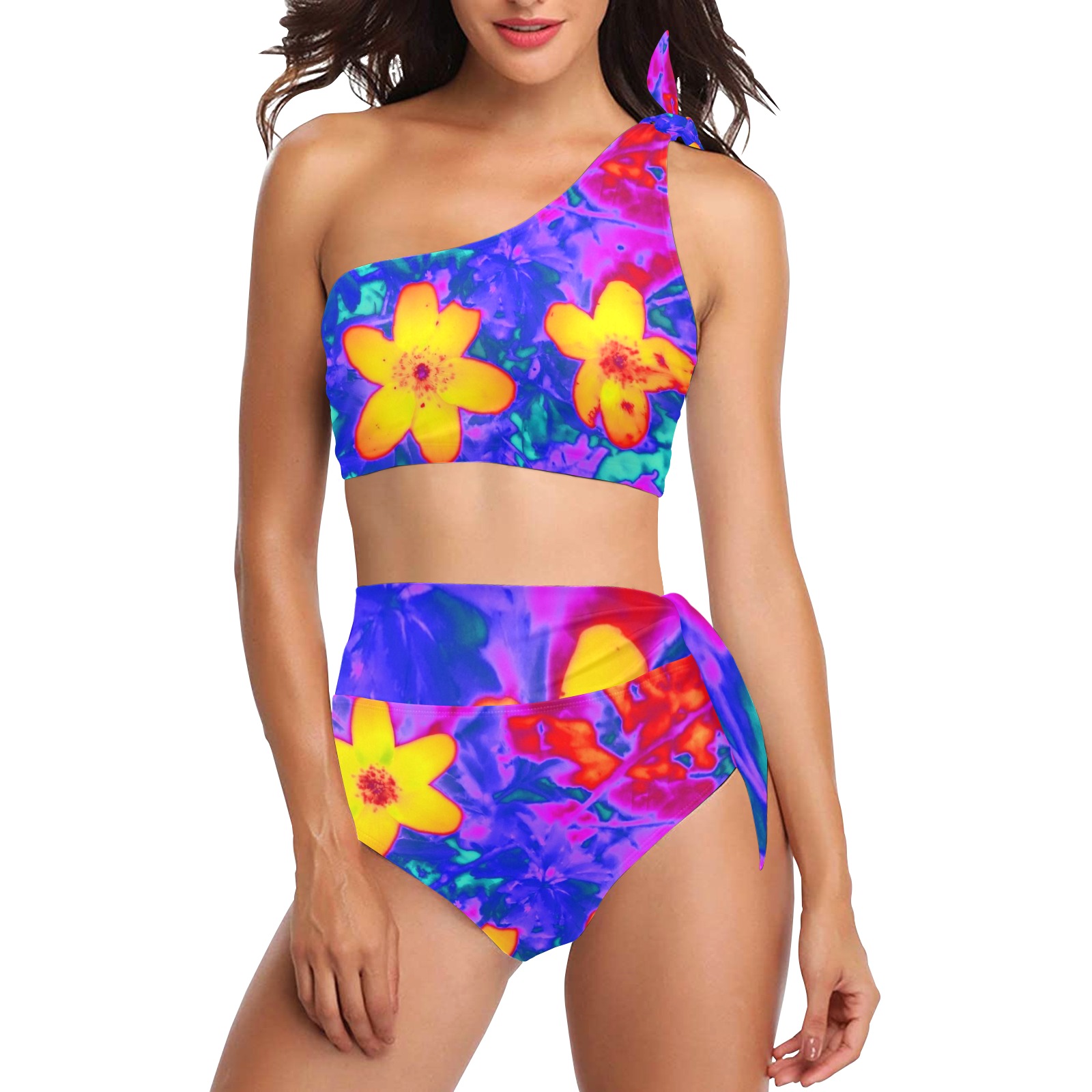 psychedelic flowers 4 High Waisted One Shoulder Bikini Set (Model S16)