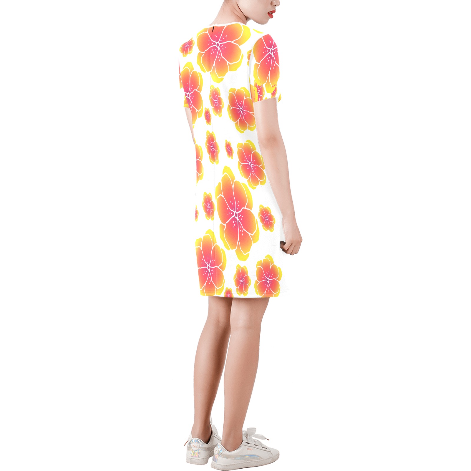 Ô Pink and Yellow Tropical Flowers Short-Sleeve Round Neck A-Line Dress (Model D47)