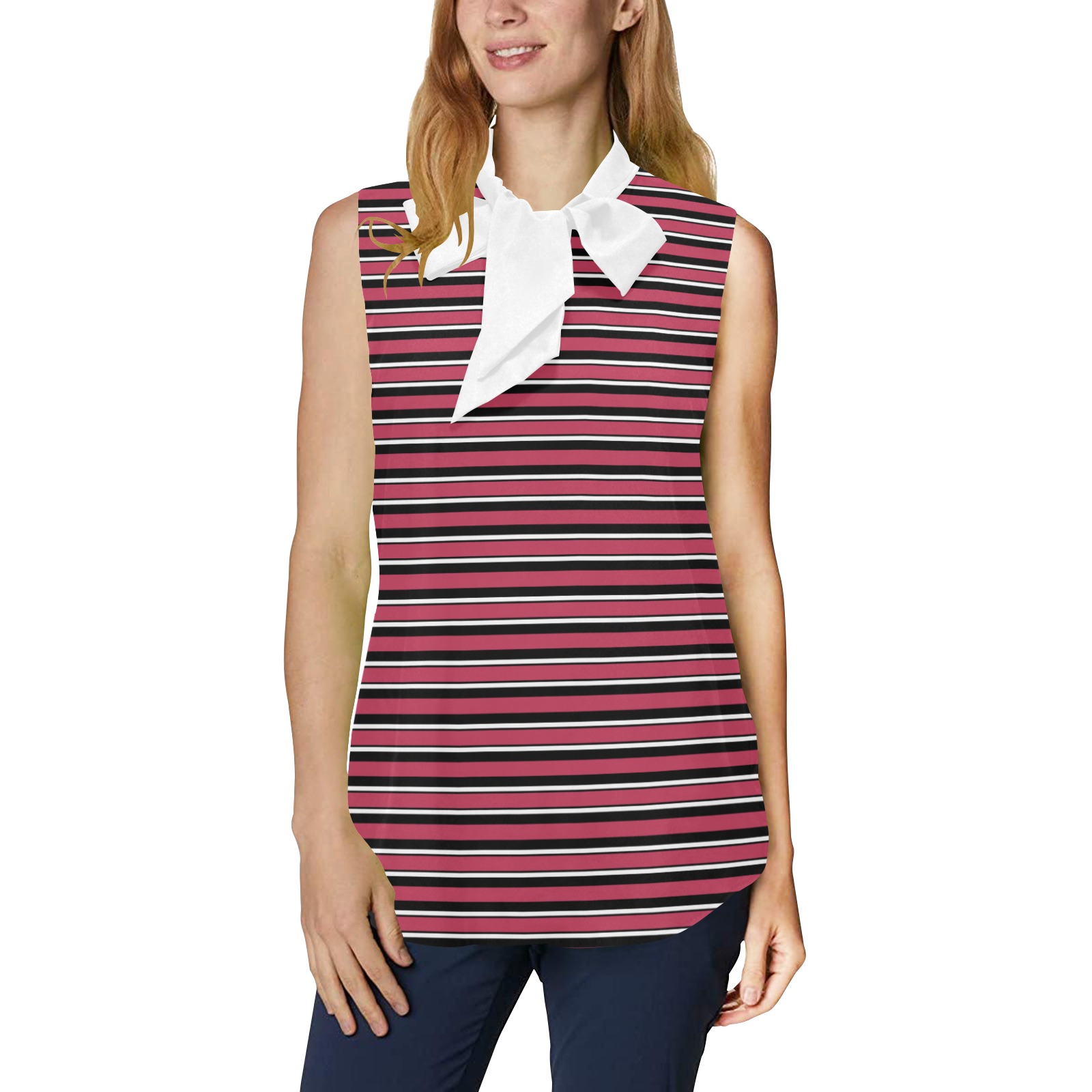 Magenta, Black and White Stripes Women's Bow Tie V-Neck Sleeveless Shirt (Model T69)