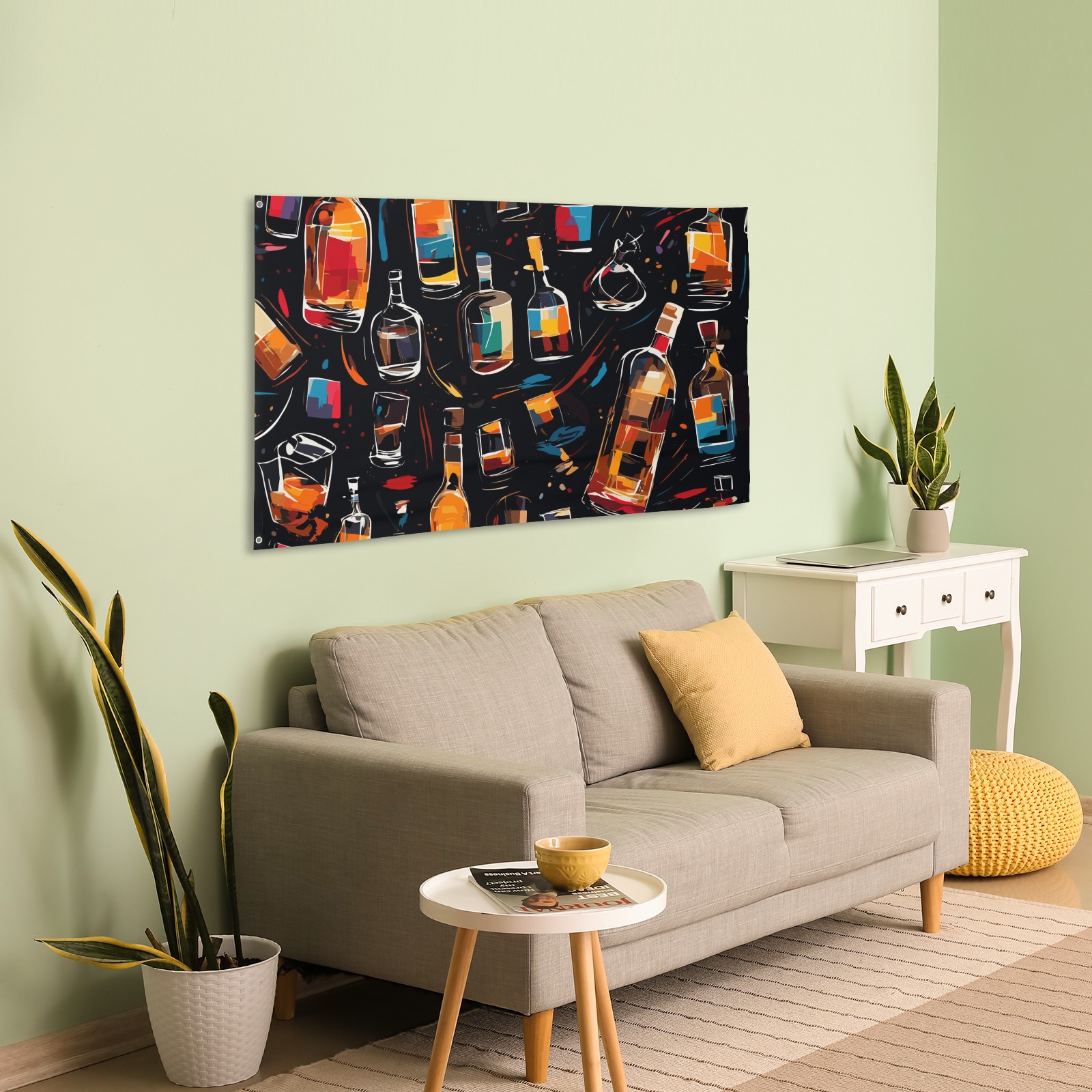 Mix of colorful alcohol bottles, glasses on black House Flag 56"x34.5"