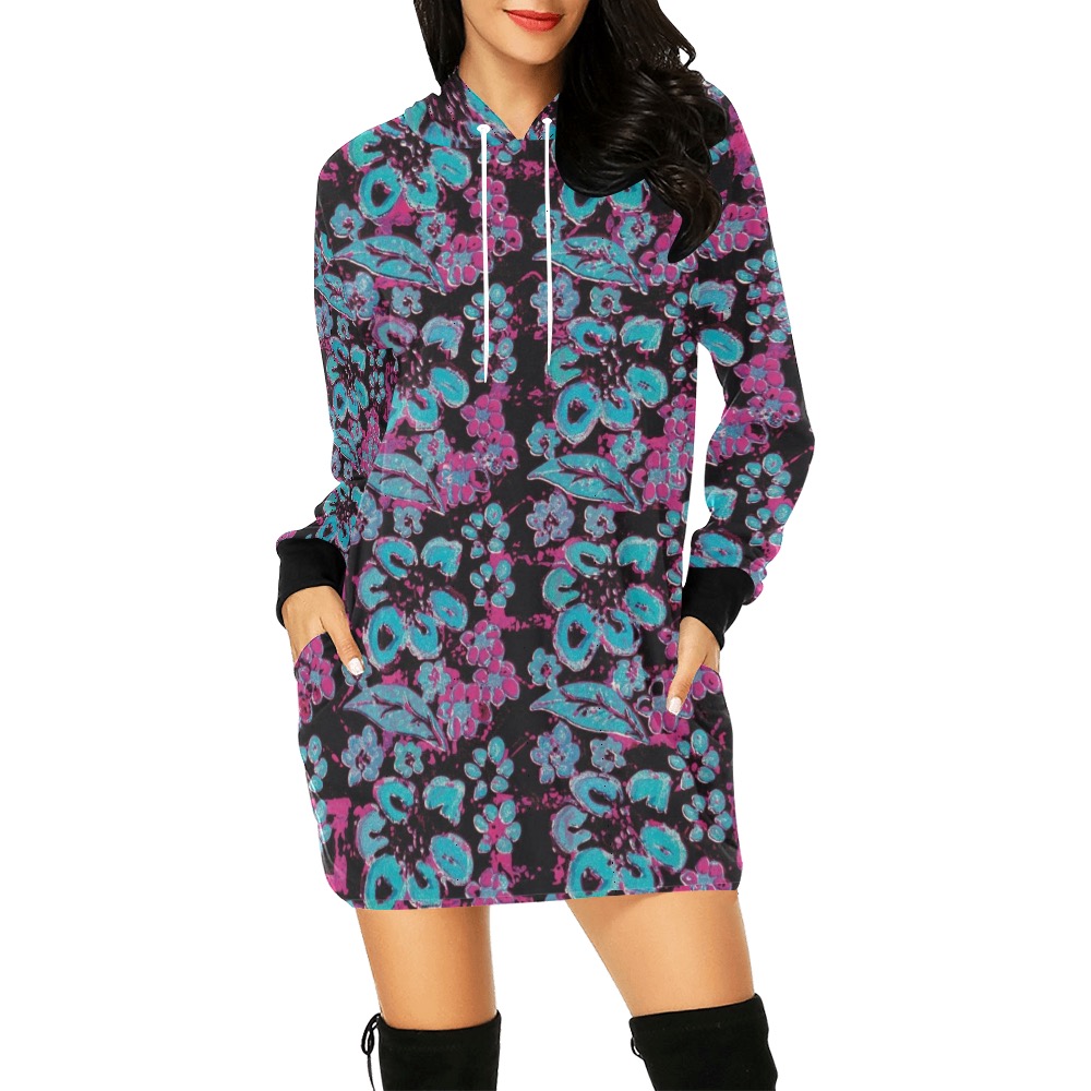 Blue Surrealistic Floral All Over Print Hoodie Mini Dress (Model H27)