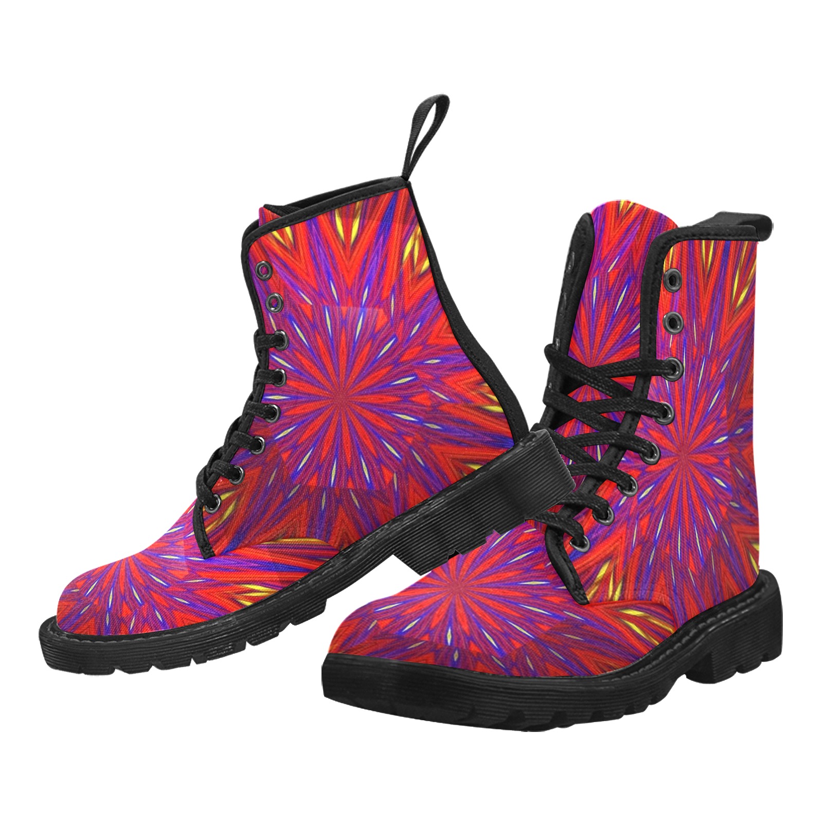 Red Yellow and Blue Exploding Abstract Fractal Kaleidoscope Mandala Martin Boots for Men (Black) (Model 1203H)