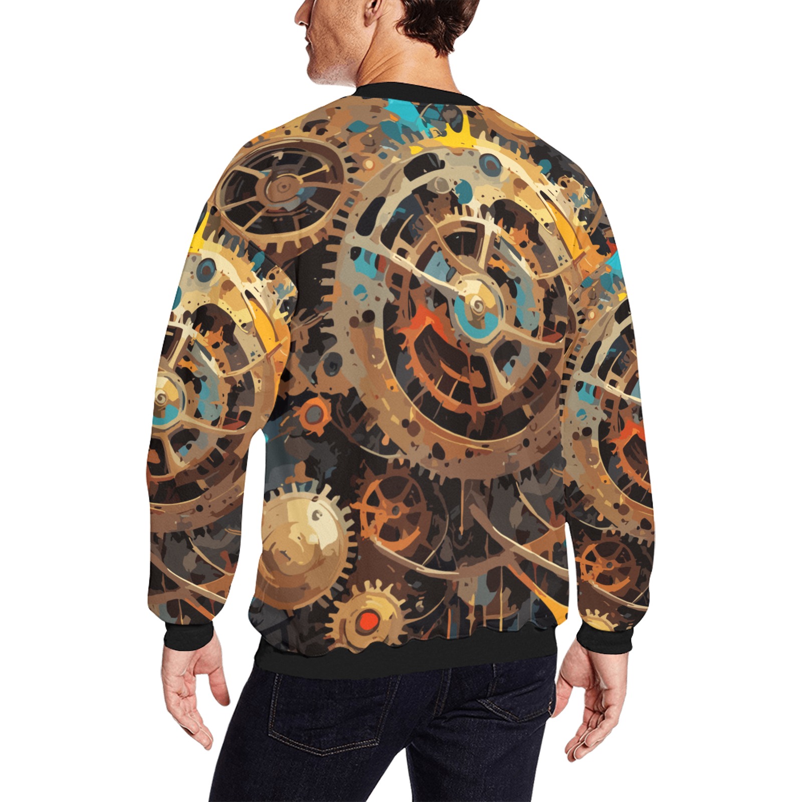 Retro Mechanical Gear Trendy Colorful Abstract Art Men's Oversized Fleece Crew Sweatshirt (Model H18)