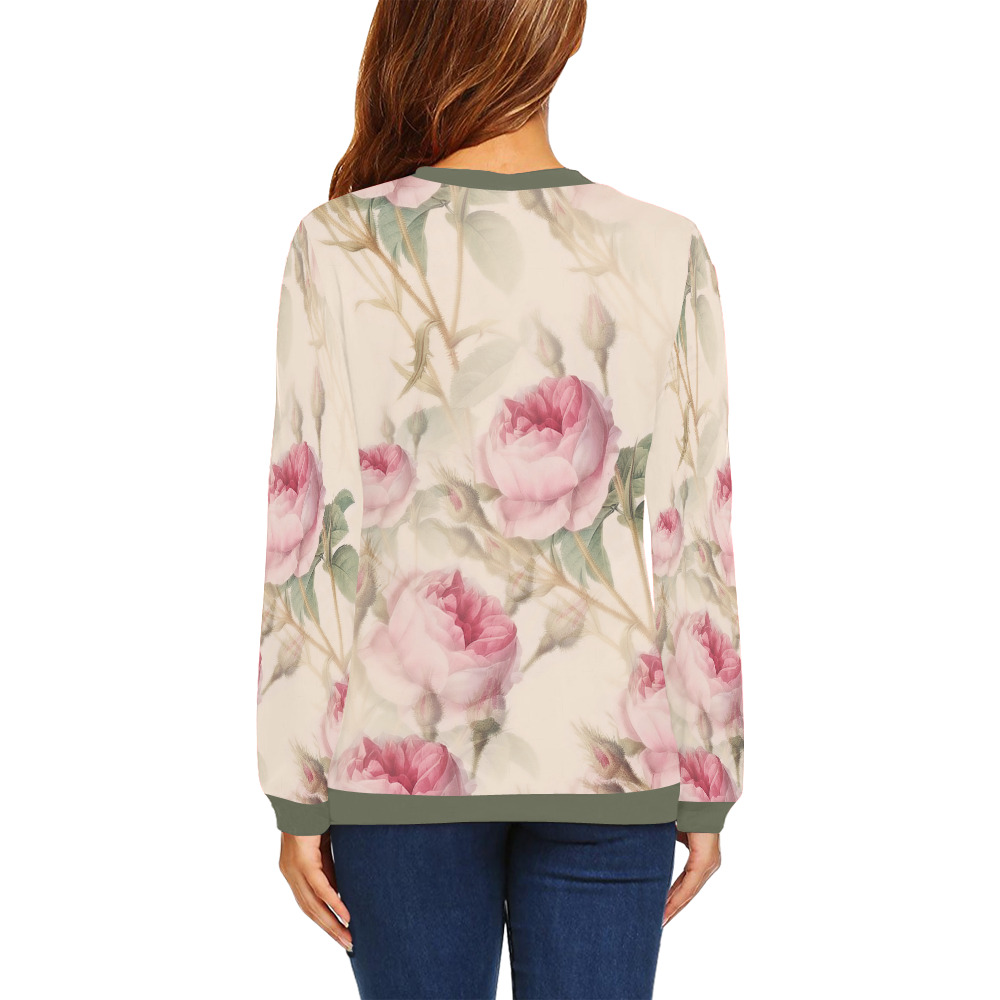 Vintage Pink Rose Garden Pattern All Over Print Crewneck Sweatshirt for Women (Model H18)
