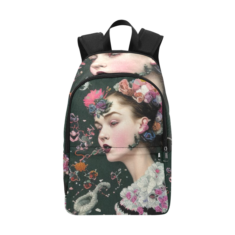 pretty girl breathing out flowers Fabric Backpack for Adult (Model 1659)