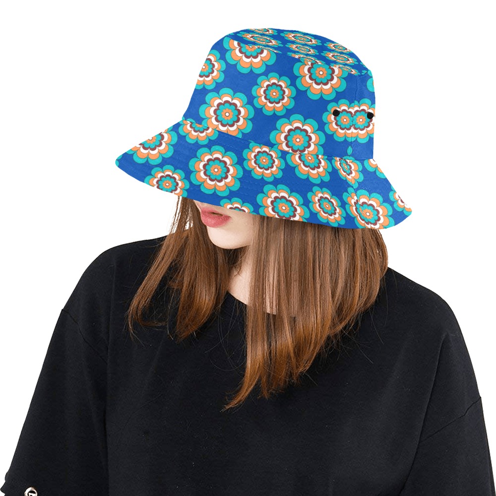 Turquoise Flowers All Over Print Bucket Hat