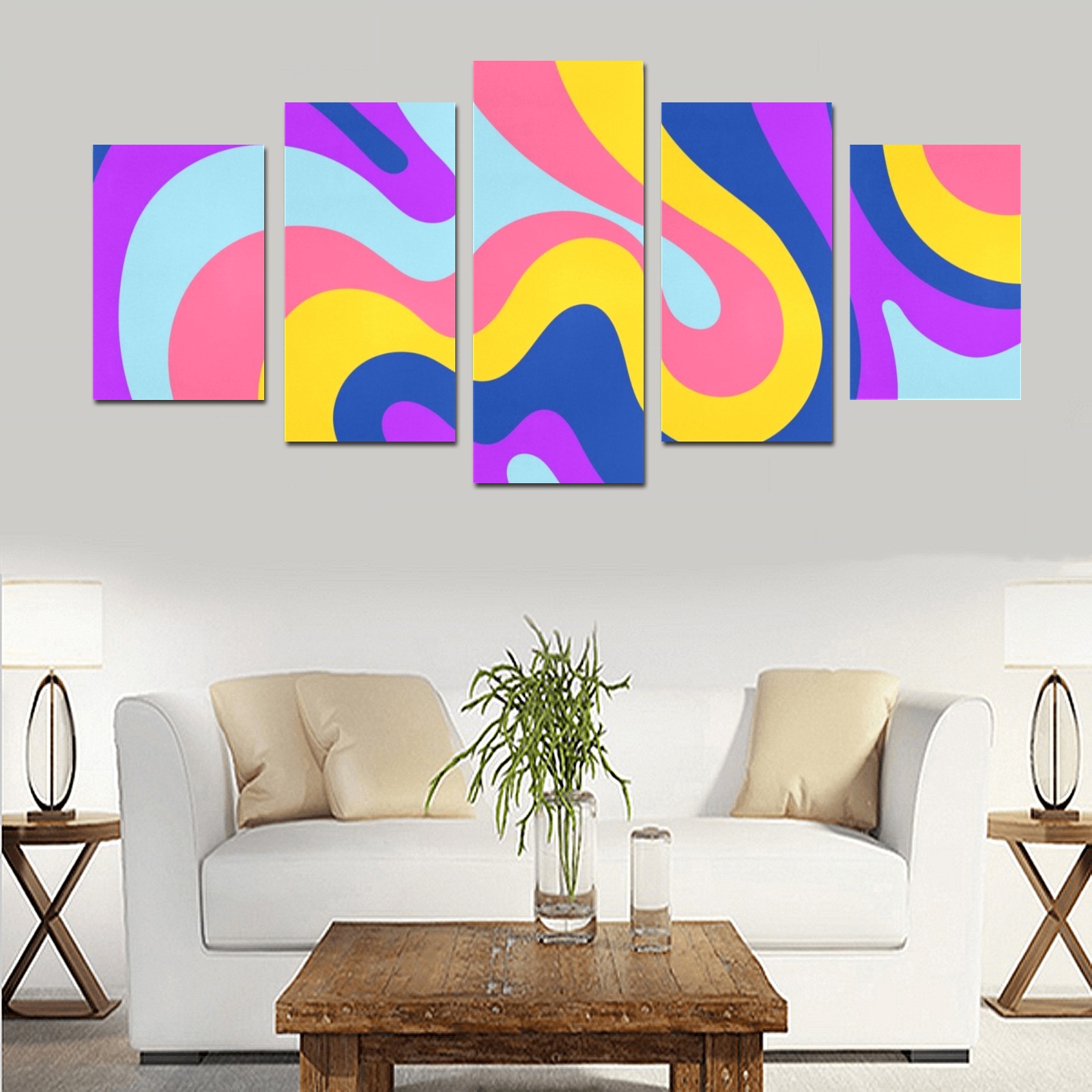 Groovy Retro Mid Century Colorful Abstract Canvas Print Sets D (No Frame)