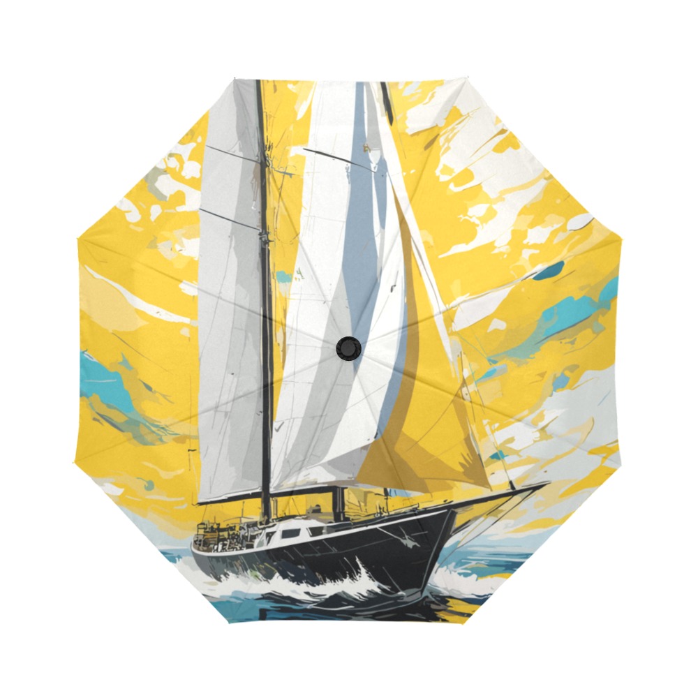 Fantasy sail boat at sea. Turquoise, yellow colors Auto-Foldable Umbrella (Model U04)