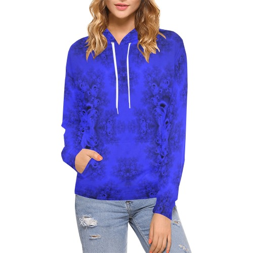 Midnight Blue Gardens Frost Fractal All Over Print Hoodie for Women (USA Size) (Model H13)