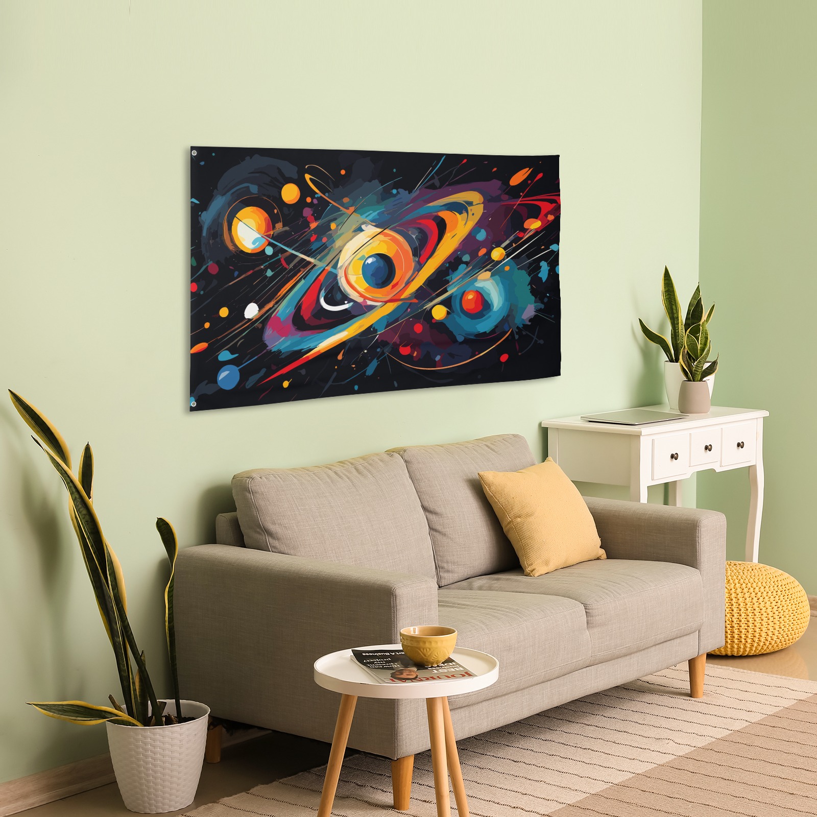 Galactical shapes, planets, stars in black space House Flag 56"x34.5"