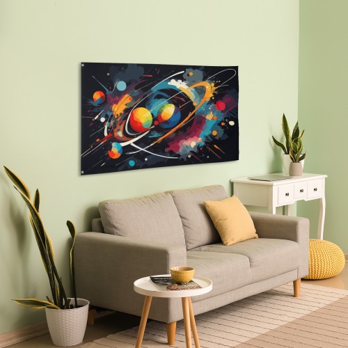 Space abstract of blue inhabited planets on black House Flag 56"x34.5"