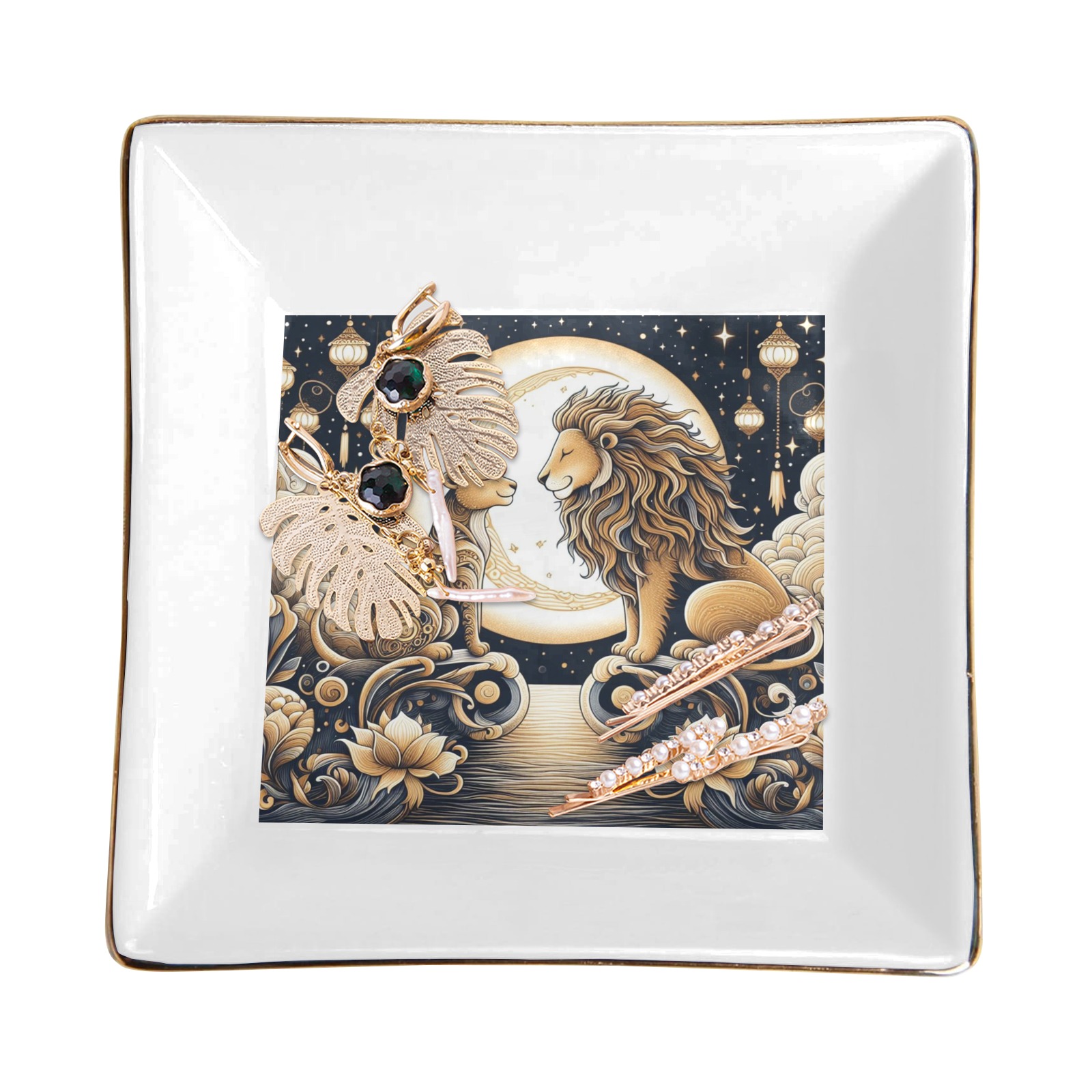 Moonlight Lions Love Square Jewelry Tray with Golden Edge
