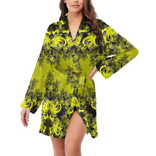 Summer Sunflowers Frost Fractal Women's Long Sleeve Belted Night Robe