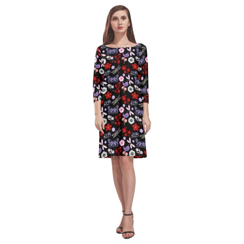 Black, Red, Pink, Purple, Dragonflies, Butterfly and Flowers Design Rhea Loose Round Neck Dress(Model D22)