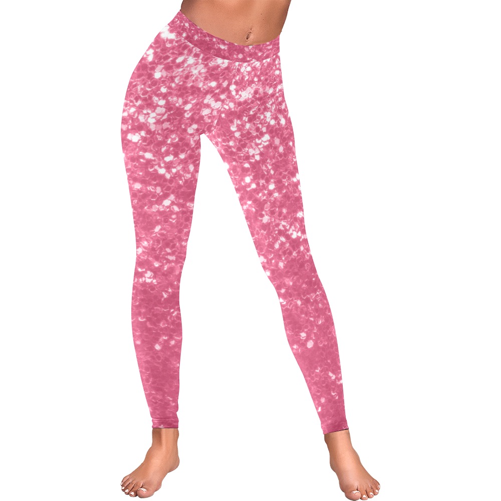 Magenta light pink red faux sparkles glitter Women's Low Rise Leggings (Invisible Stitch) (Model L05)