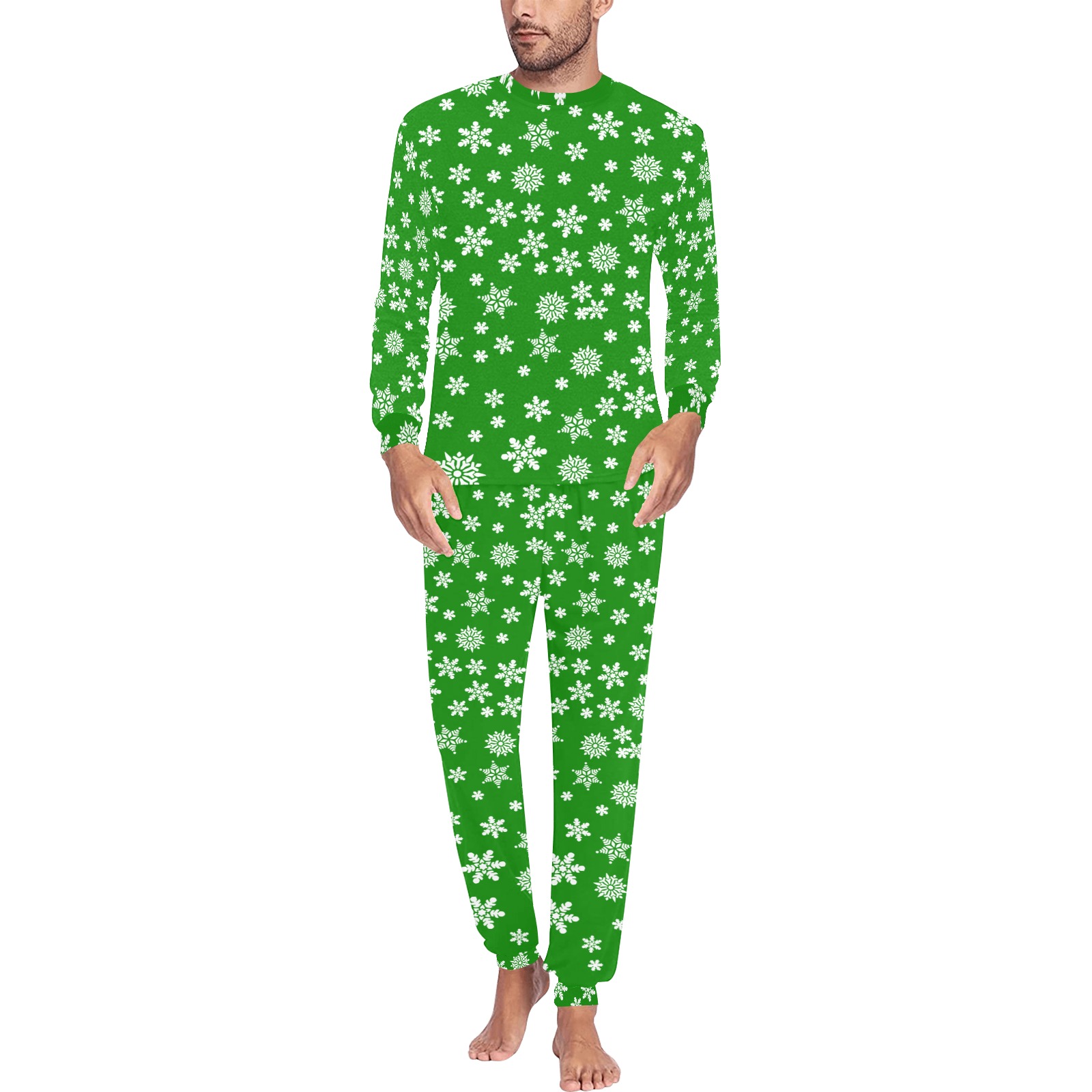 Christmas White Snowflakes on Green Men's All Over Print Pajama Set with Custom Cuff