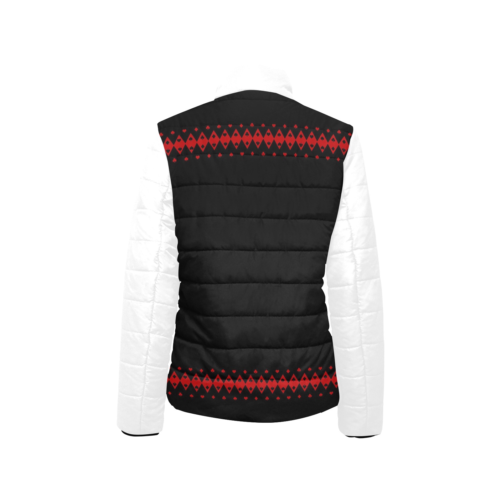 Black Red Playing Card Shapes / White Women's Stand Collar Padded Jacket (Model H41)