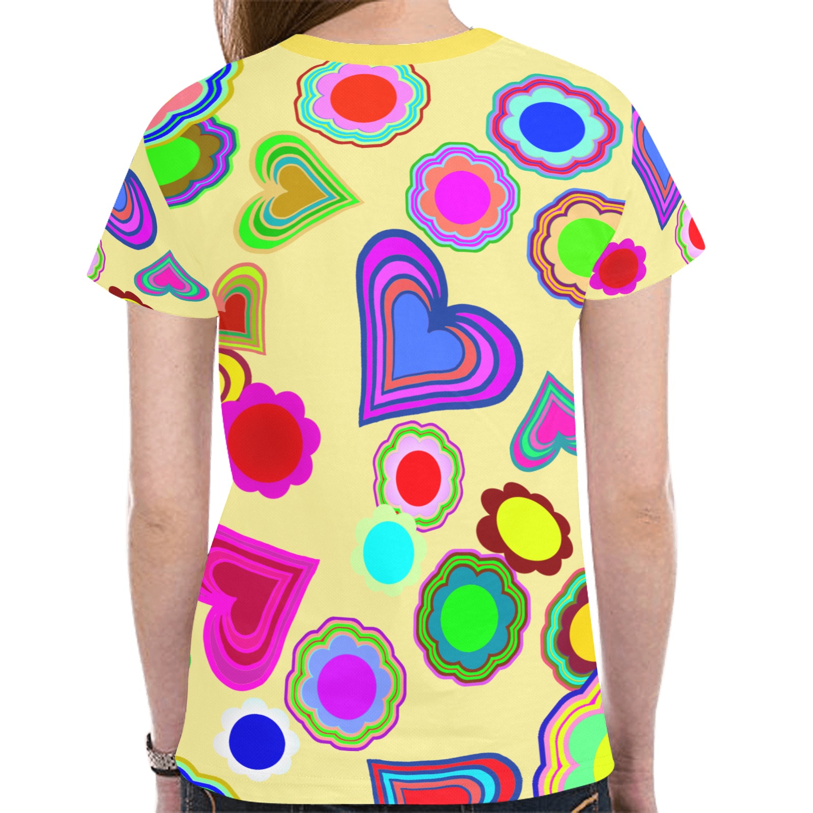 Groovy Hearts Flowers Pattern Yellow New All Over Print T-shirt for Women (Model T45)