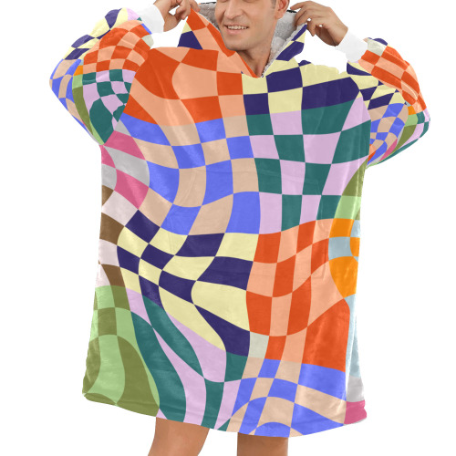 Wavy Groovy Geometric Checkered Retro Abstract Mosaic Pixels Blanket Hoodie for Men