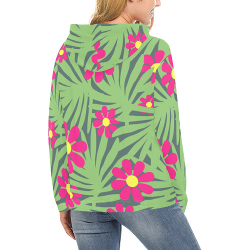 Pink Exotic Paradise Jungle Flowers and Leaves All Over Print Hoodie for Women (USA Size) (Model H13)